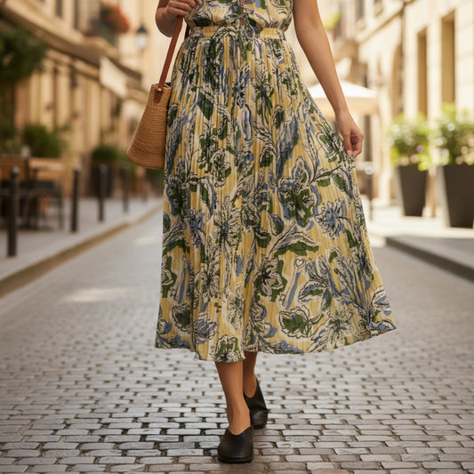 Botanical Reverie: The Micro-Pleat Maxi Muse