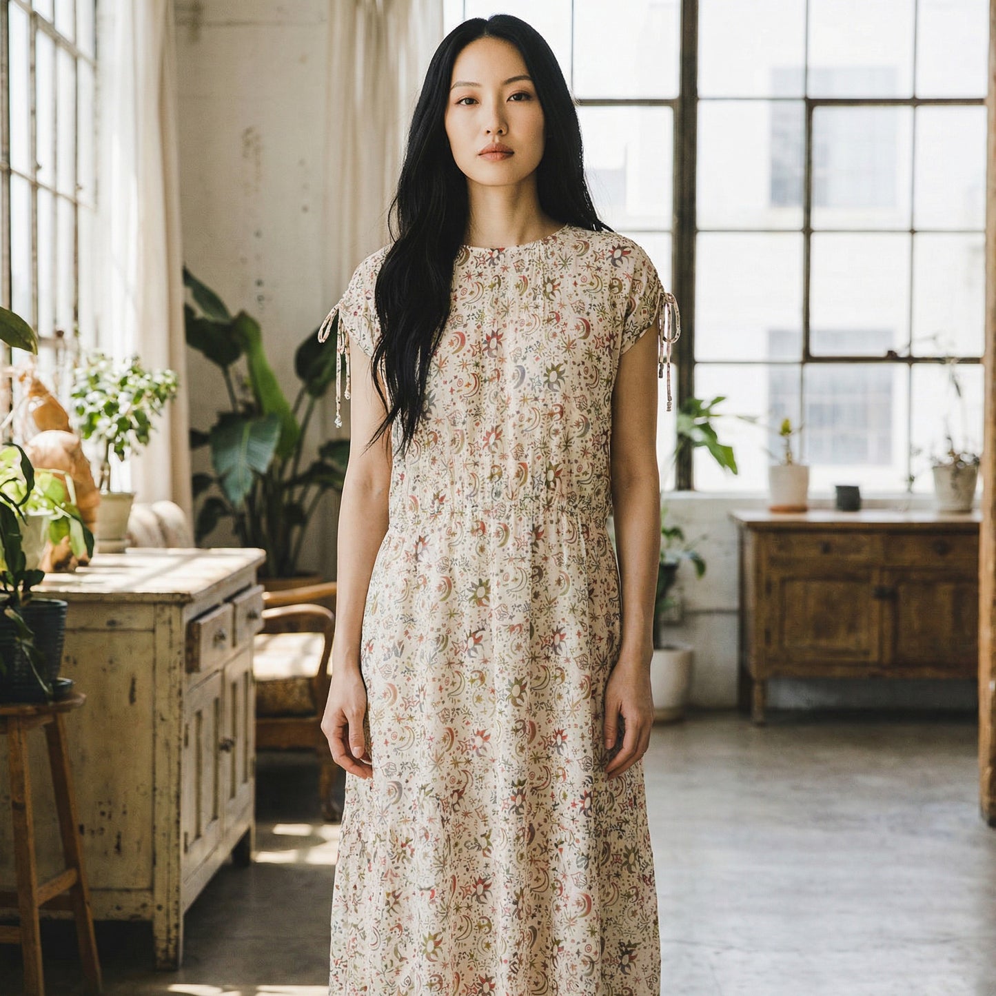 Celestial Flow: The Gathered Side-Tie Maxi