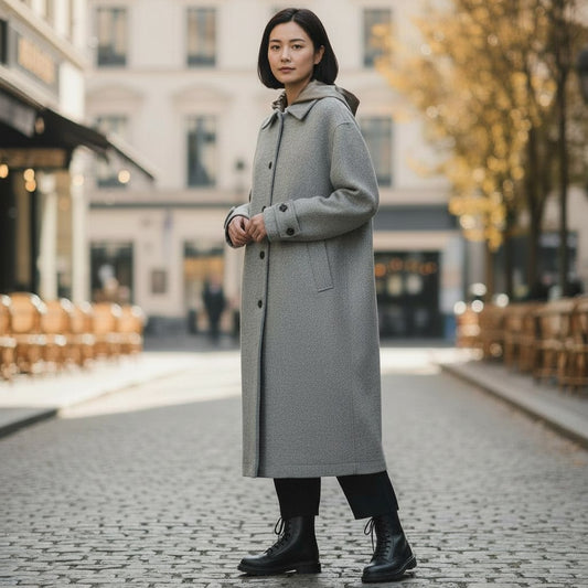 The Champagne Glow: Virgin Wool &amp; Satin Contrast Long Coat