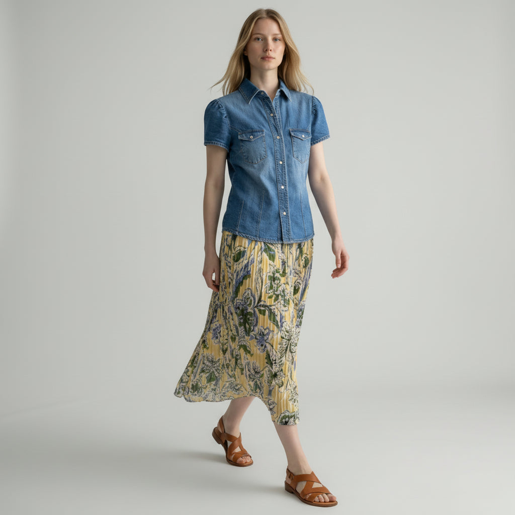 Sculpted Indigo: The Fluted Cap-Sleeve Denim